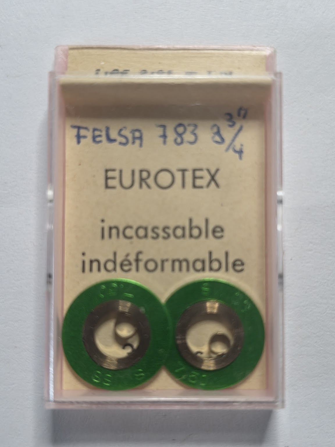 [AM206] FELSA / EUROTEX - FELSA 783 8 3/4 - Lot de 2 ressorts moteurs incassables EUROTEX (1,25 x 0,09 x ø 7,5 - N° 114 / N° 3)