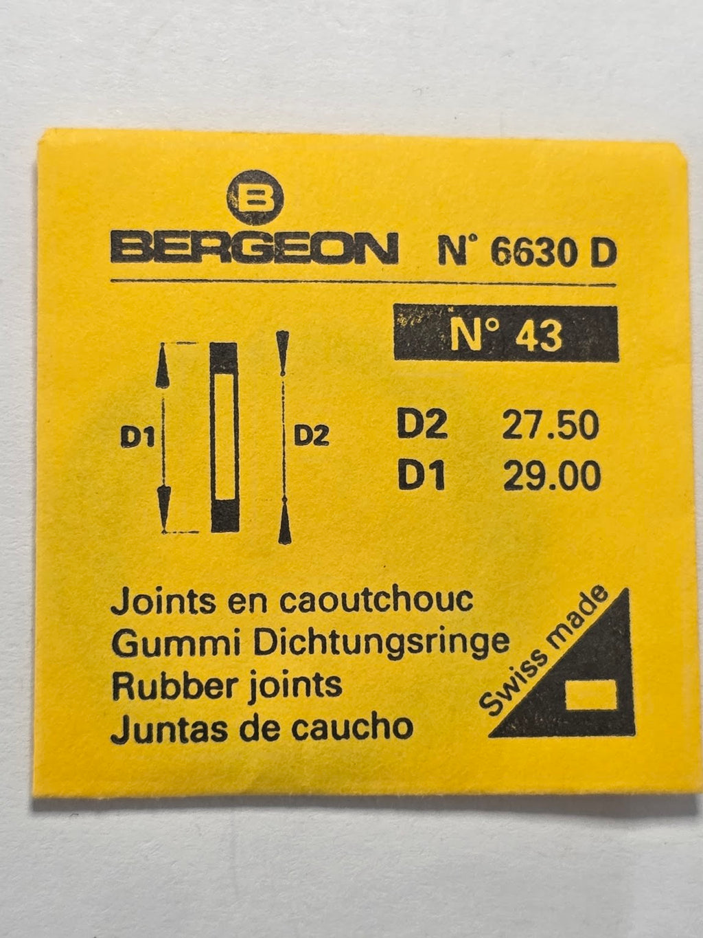 [AM217] Bergeon - Bergeon 6630 D (N° 43) - Lot de 4 joints plats caoutchouc (D2 27.50 mm / D1 29.00 mm)