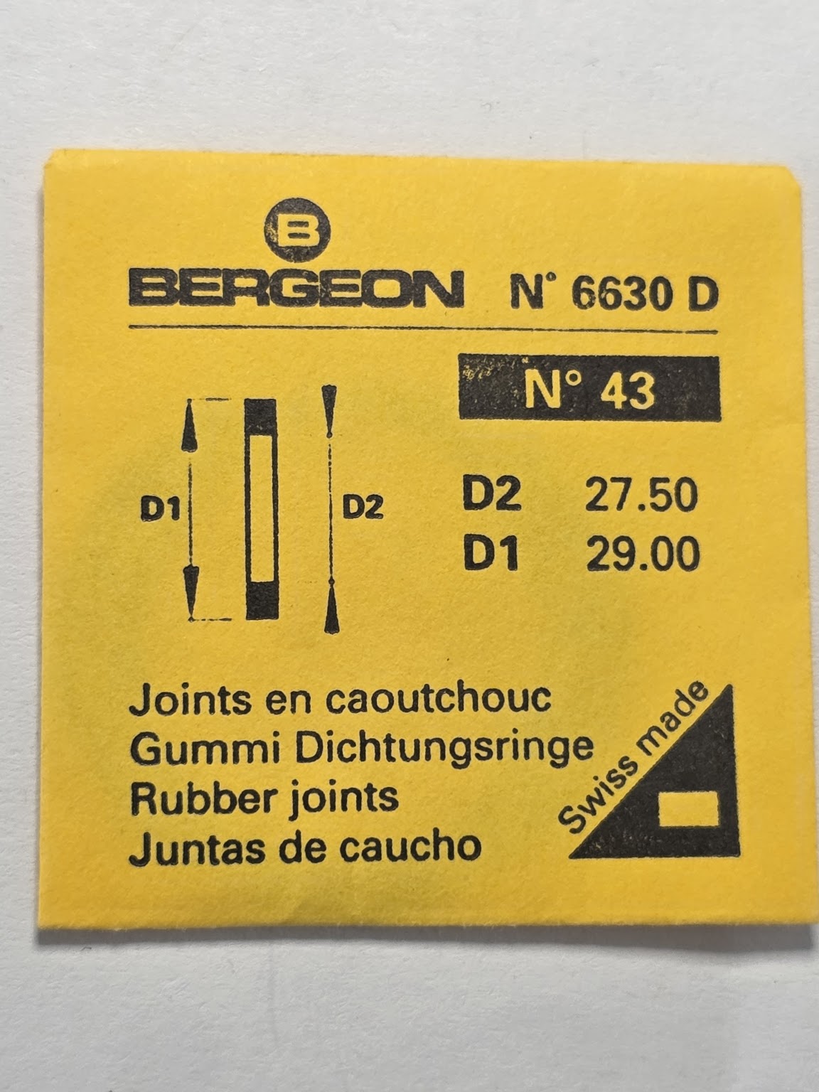 [AM217] Bergeon - Bergeon 6630 D (N° 43) - Lot de 4 joints plats caoutchouc (D2 27.50 mm / D1 29.00 mm)