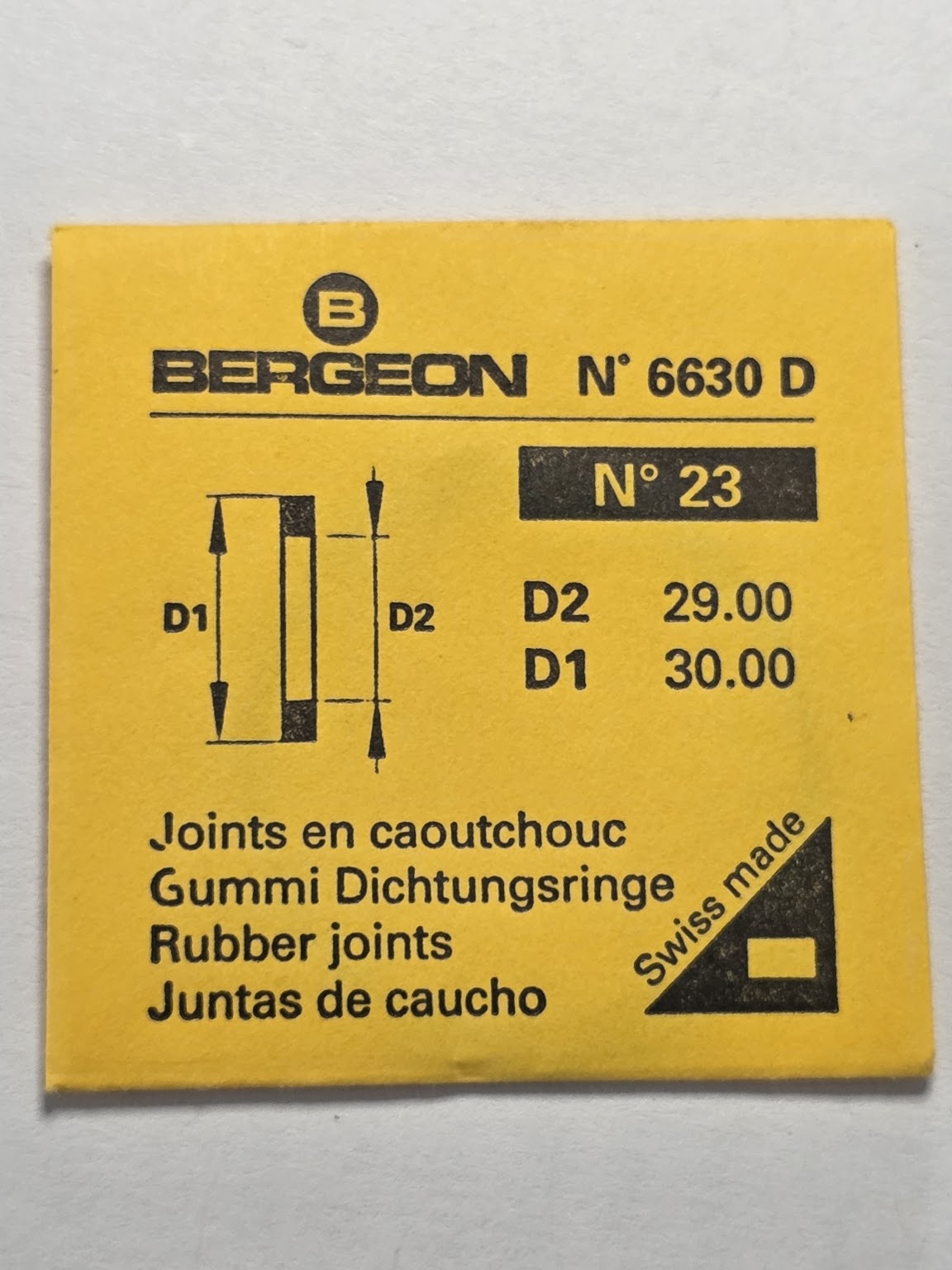 [AM218] Bergeon - Bergeon 6630 D (N° 23) - Lot de 2 joints plats caoutchouc (D2 29.00 mm / D1 30.00 mm)