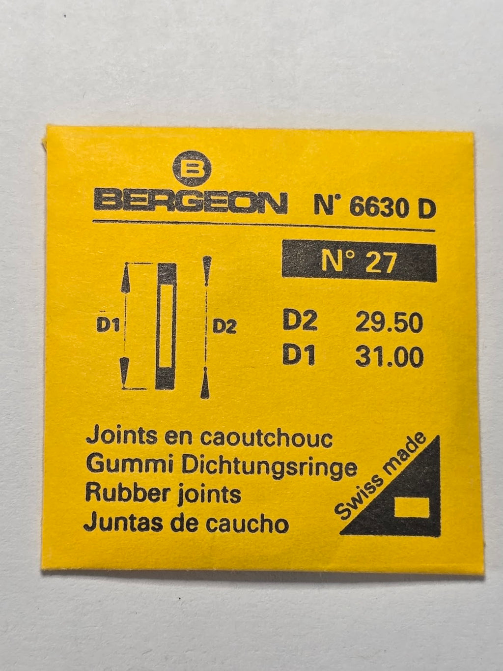 [AM221] Bergeon - Bergeon 6630 D (N° 27) - Lot de 4 joints plats caoutchouc (D2 29.50 mm / D1 31.00 mm)