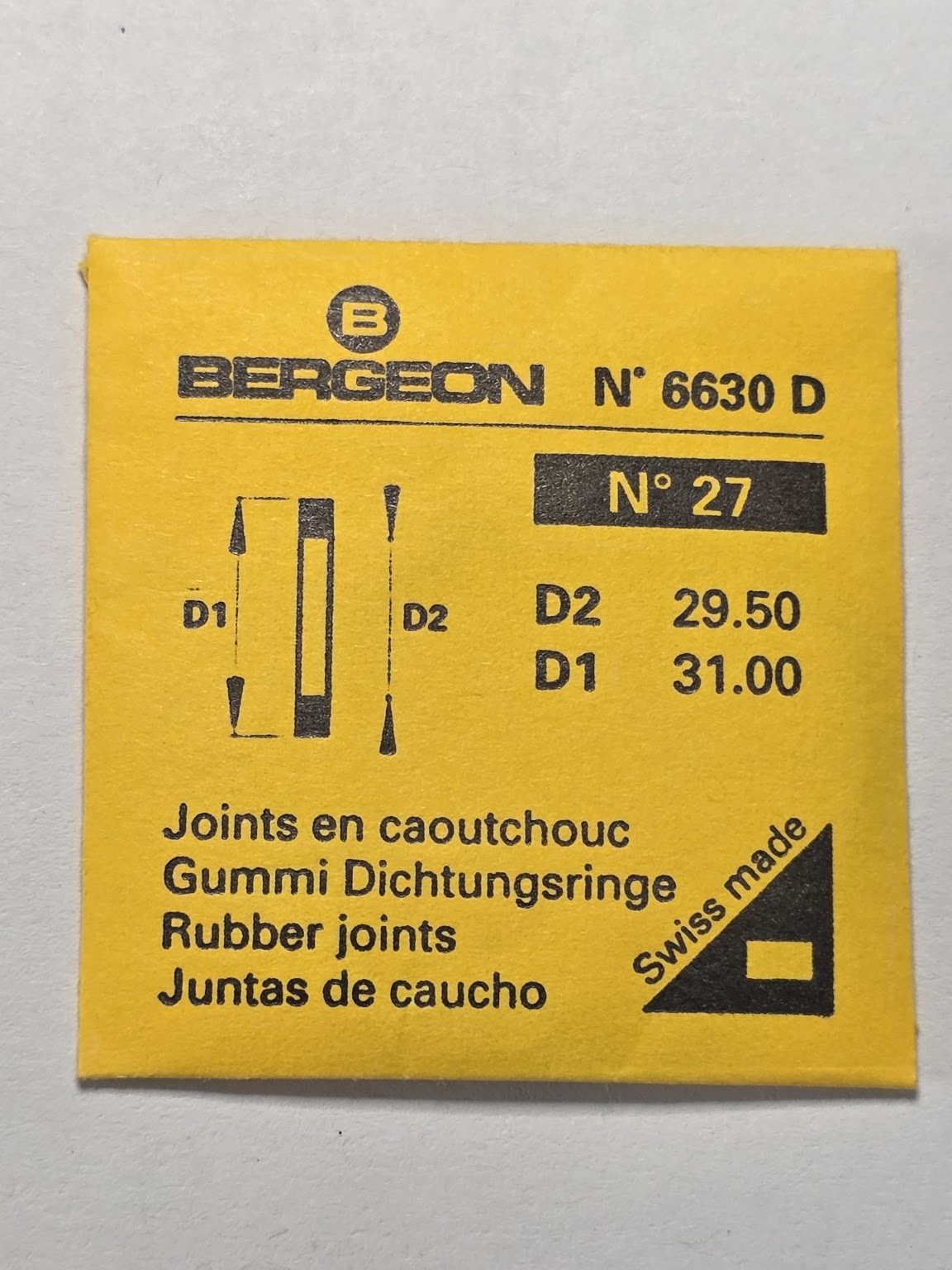 [AM221] Bergeon - Bergeon 6630 D (N° 27) - Lot de 4 joints plats caoutchouc (D2 29.50 mm / D1 31.00 mm)