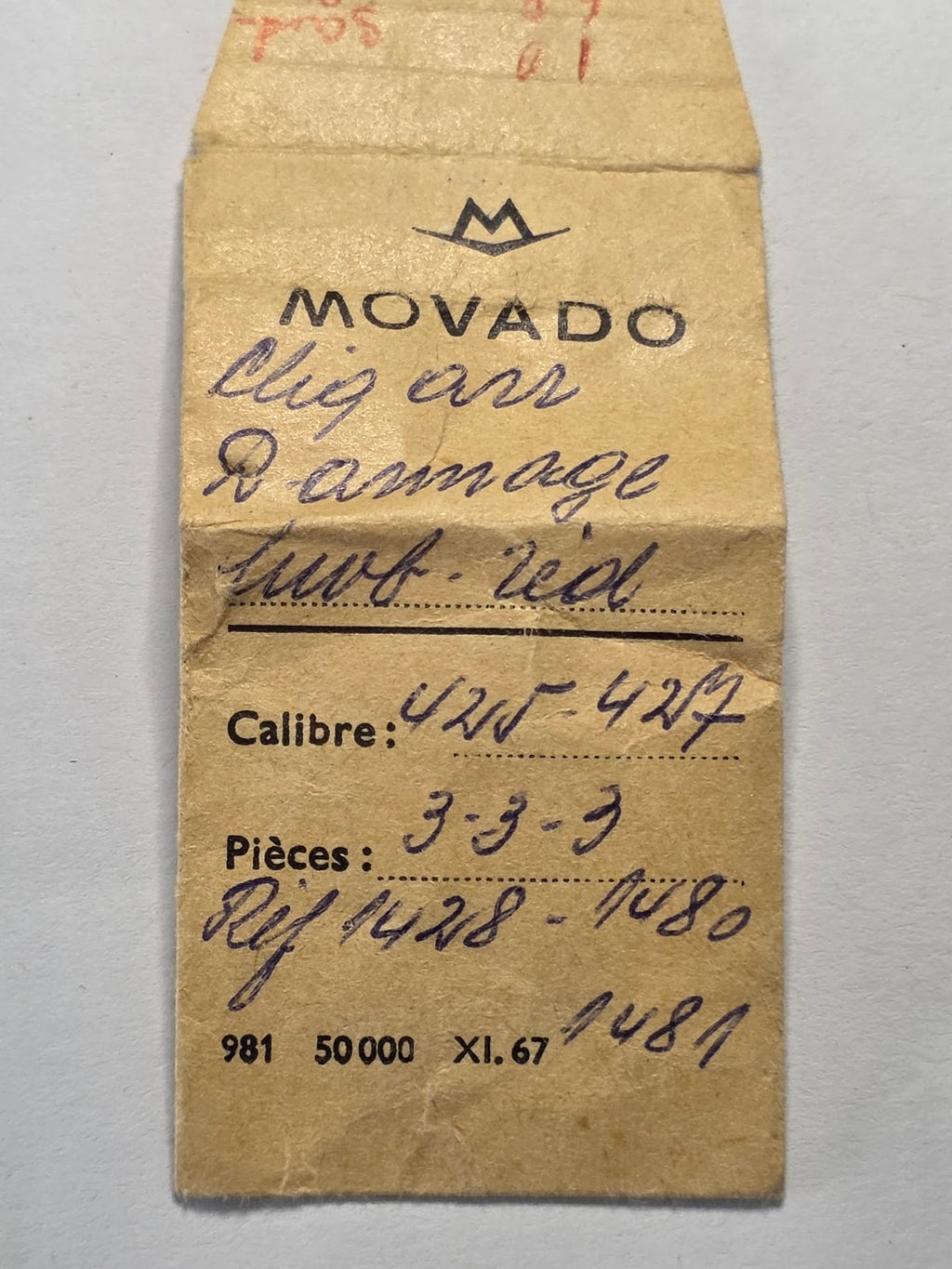 [AM228] Movado - Movado Cal. 425 - 427 - Assortiment de fournitures (3x Roues d'armage Réf. 1480/1481 + 1x Cliquet Réf. 1428)
