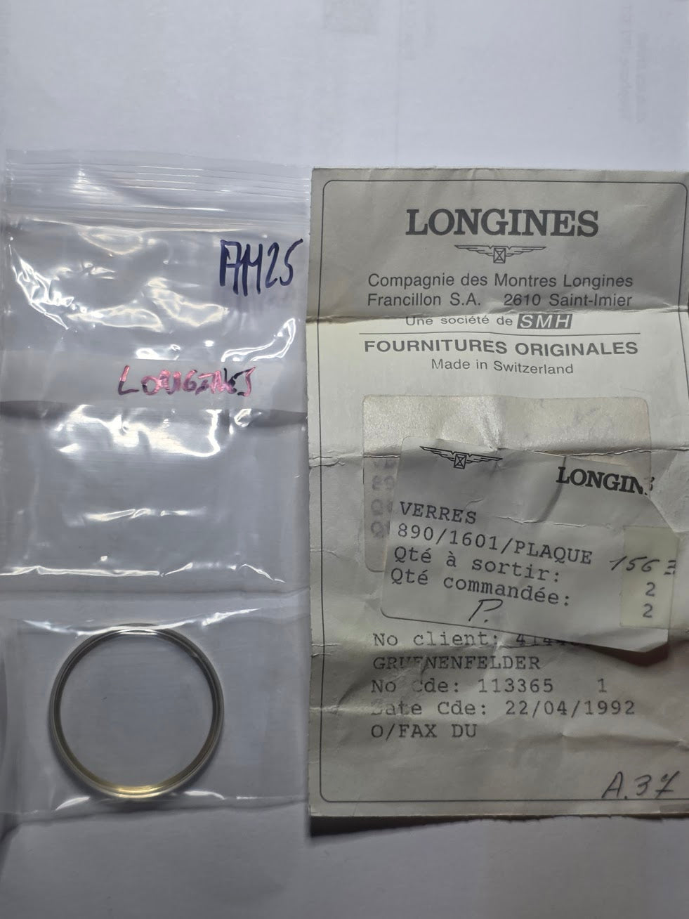 Verre de montre avec anneau/cerclage - Longines - 890/1601/PLAQUE